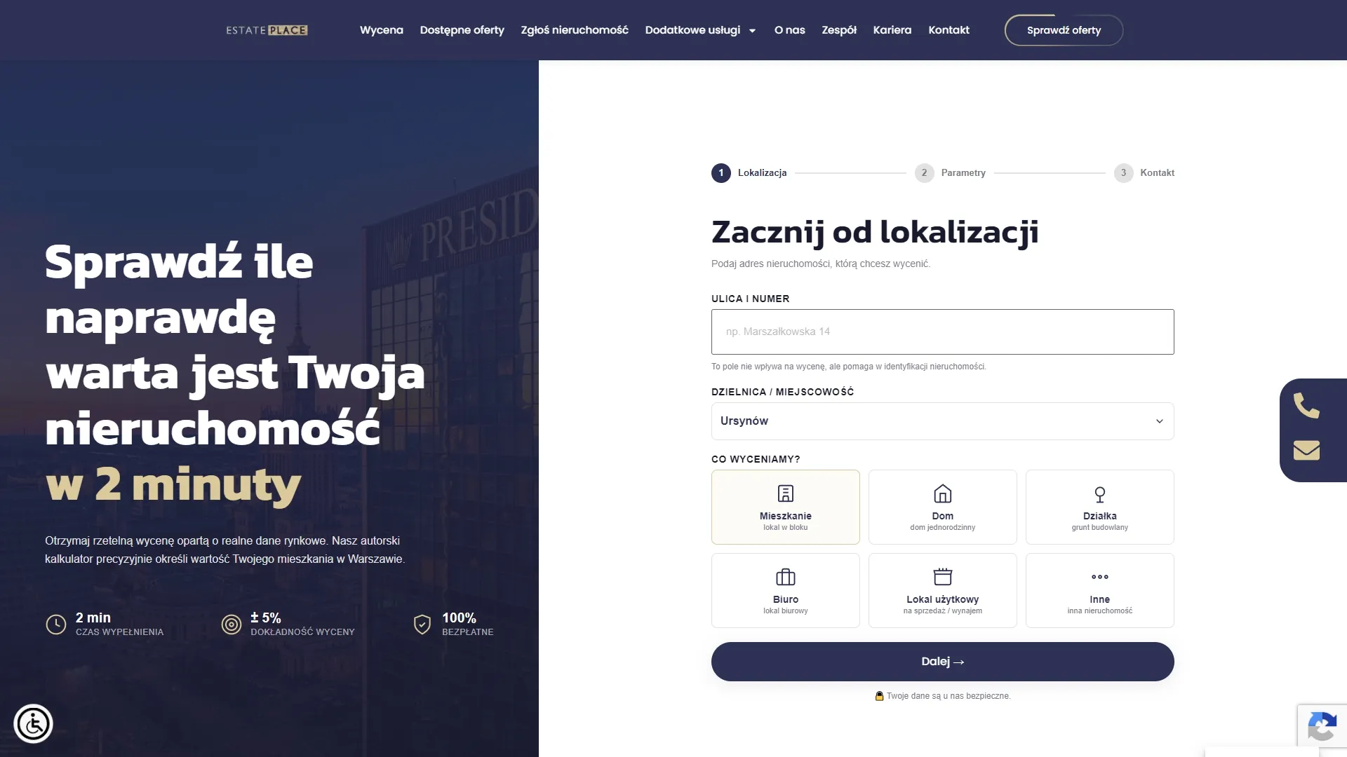 Estate Agency — sekcja wyceny nieruchomości