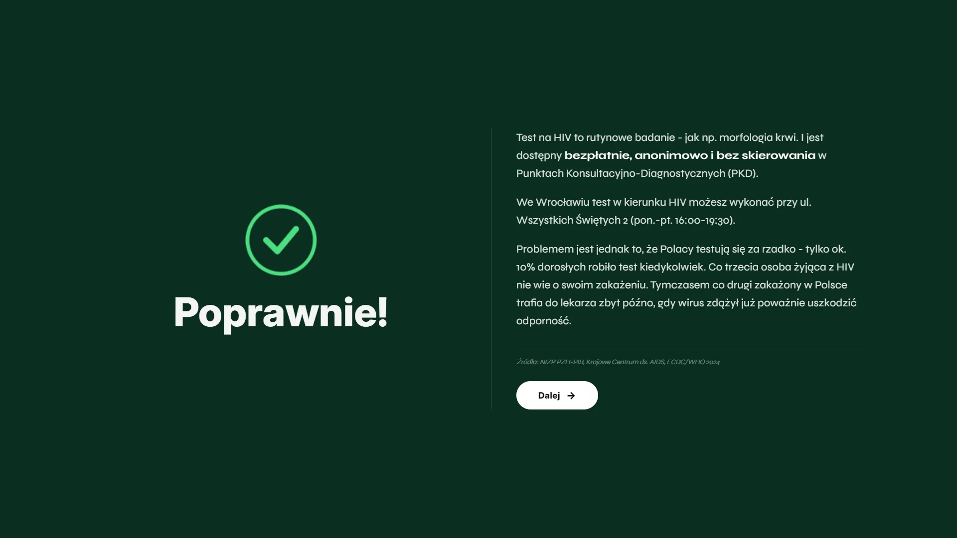 Wroc Win with HIV — ekran poprawnej odpowiedzi